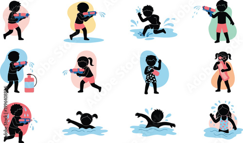 Silhouette children playing with water guns on a white background