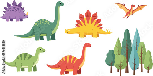 Colorful cartoon dinosaurs and trees on white background