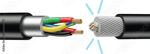 Cut electrical cable with exposed colorful wires