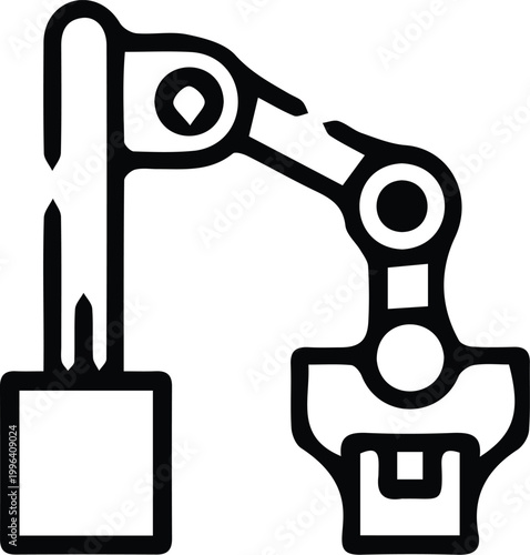 Industrial robotic arm icon, mechanical factory automation vector, black line art of a robot manipulator for manufacturing and engineering