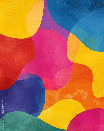 A vibrant and colorful abstract background features overlapping organic shapes in a playful and energetic design pattern.