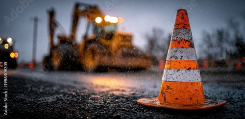 A weathered orange traffic cone stands prominently in the foreground of a nighttime road construction scene.