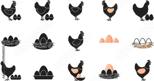 chicken and eggs icons set, black silhouettes, farm symbols