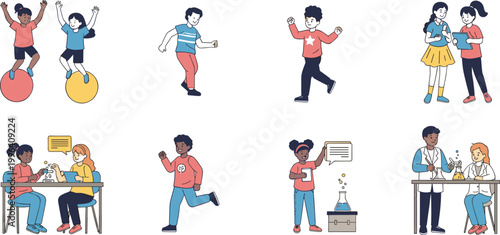 Kids activities and learning illustration set, children playing, studying, experimenting, and socializing in school environment in modern flat cartoon vector style design