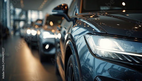 A row of modern cars gleam in a brightly lit showroom, showcasing automotive design and luxury.
