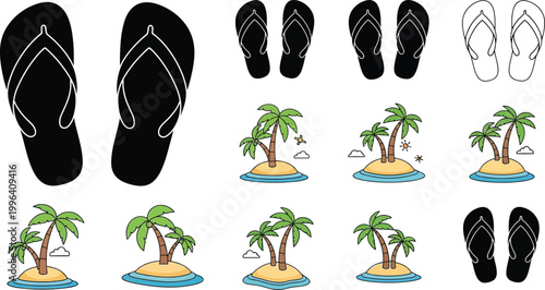 flip flops and tropical palm trees on island
