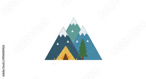 Camping tent nestled among stylized mountains and pine trees