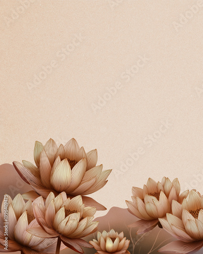 Several delicate lotus flowers bloom gracefully against a soft, textured background, evoking tranquility and natural beauty.