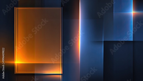 A vibrant abstract composition features glowing orange and blue rectangular forms arranged in a grid-like pattern, creating a dynamic and modern visual experience.