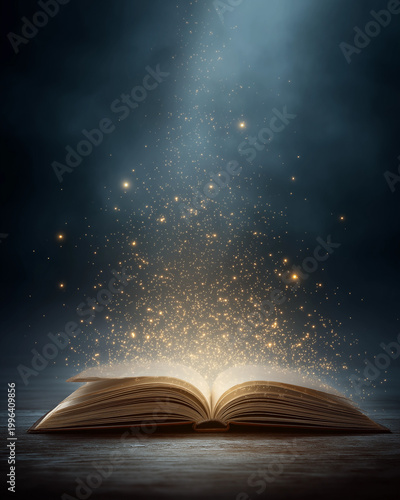 An old opened book glowing with magical golden light and shimmering particles emanating upwards into a dark, mysterious space.