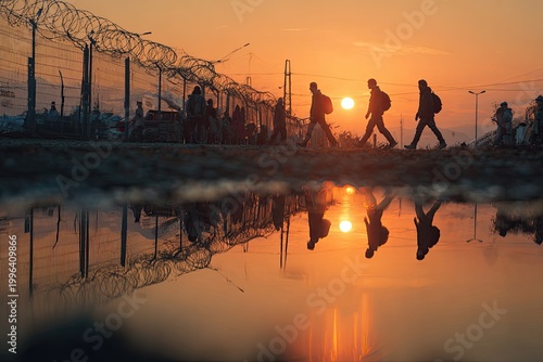 Silhouetted figures walk towards a setting sun, their reflections mirrored in the water, with a barbed wire fence and distant structures creating a poignant and evocative scene.