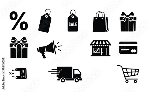 Fotografía Black E-commerce Icons Set: Shopping Bag, Gift, Sale Tag, Storefront, Credit Car