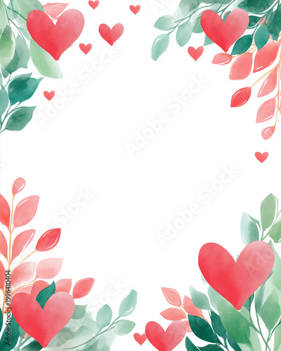 A delightful watercolor border illustration adorned with vibrant red hearts and fresh green leaves on a pristine white background.
