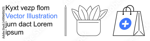 Education, home decor, e-commerce, healthcare, branding, minimal design. A pencil, potted plant and shopping bag with a medical cross. Education and home decor concepts