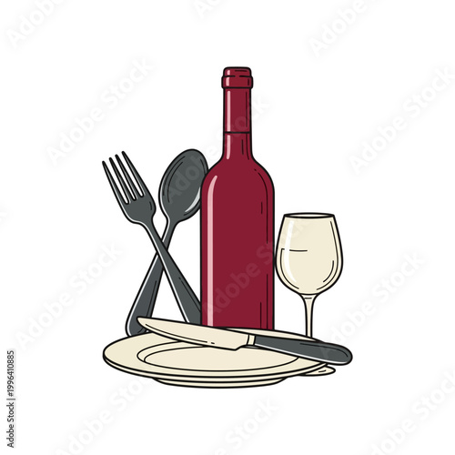 Elegant Wine Bottle With Glass And Tableware Setting.