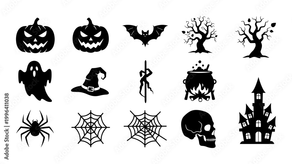 Fototapeta premium Halloween Icons Set, Spooky Vector Graphics Collection: Pumpkins, Bats, Ghosts, Witch Hat, Spiderweb, Skull, Haunted House, Cauldron, Silhouette Elements for Festive Design