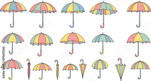 Pastel colorful umbrella vector illustration set with soft tones and cute rain umbrella designs, weather accessory collection