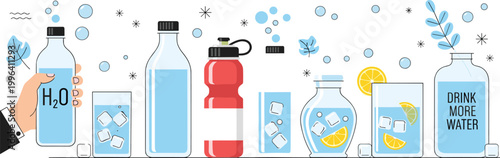 Hydration and drinking water vector illustration set with bottles, glasses, lemon water and healthy lifestyle concept