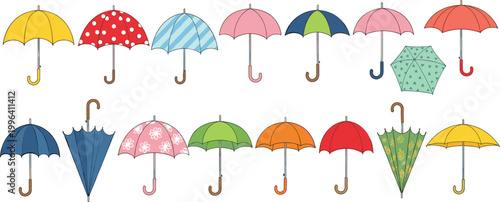Cute colorful umbrella vector illustration set with various patterns and shapes, rainy season accessories collection isolated on white background