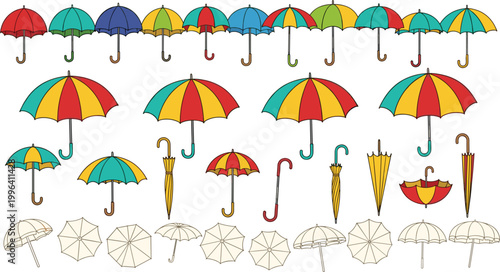 Umbrella collection vector illustration set with colorful rain umbrellas and classic parasols, various shapes and styles isolated on white background