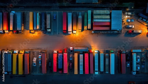 An aerial view showcases a vast expanse of brightly lit shipping containers arranged in neat rows at a logistics hub, creating a striking pattern of color and light.