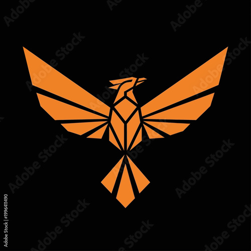 Geometric Orange Phoenix Bird Emblem Design.