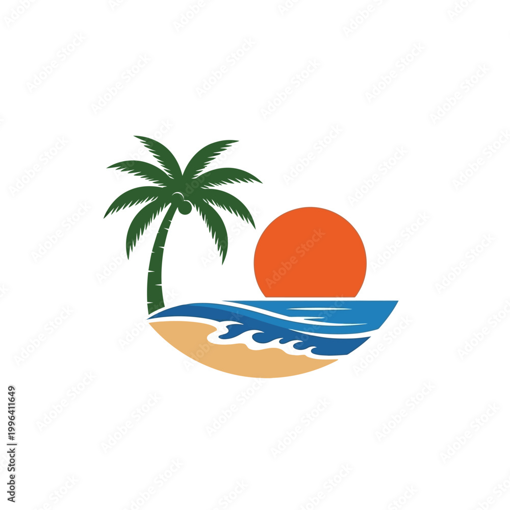 Obraz premium Tropical Island Sunset Beach Palm Tree Ocean Waves Logo.