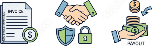 Invoice and payout icons represent secure financial transactions for.