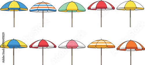 Beach umbrella vector illustration set with colorful striped parasols, summer sunshade collection isolated on white background