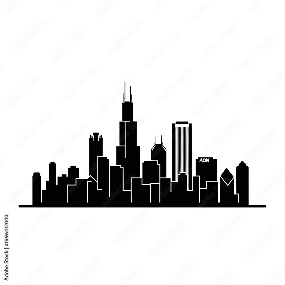 Obraz premium Black Silhouette of a Modern City Skyline with Tall Buildings.