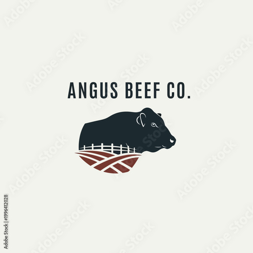 Angus Beef Co. Logo with Silhouette of Angus Bull Head and Farm Field.