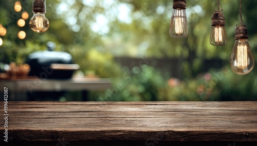 A rustic wooden table is set against a blurred backdrop of a garden with hanging Edison bulb lights.