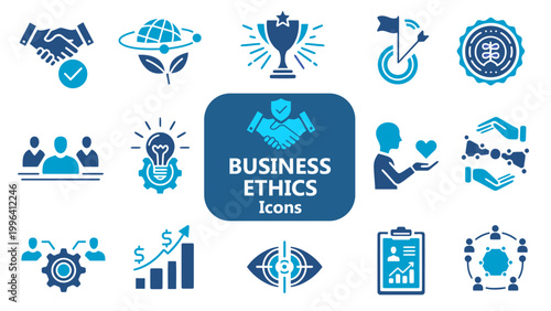 Business ethics solid editable icon set.  Corporate governance, compliance, moral values, transparency, accountability, code of conduct, trust, and ethical leadership symbols. Vector illustration