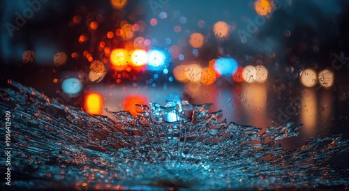 A blurred and fractured view of a city at night, seen through a cracked windshield, creates a striking and abstract visual.