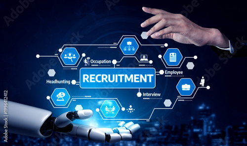 Slika na platnu A futuristic concept of recruitment showing a robotic hand and a human hand interacting, symbolizing the evolving relationship between technology and hiring processes