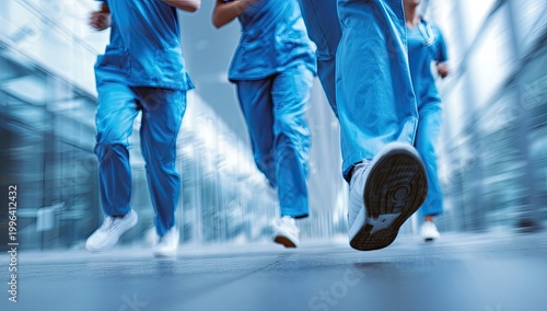 Medical Professionals Running in Blue Scrubs with Motion Blur.
