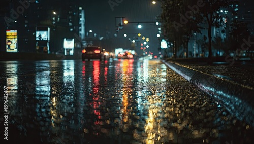 Rainy Night City Street Reflections of Traffic Lights and Buildings.