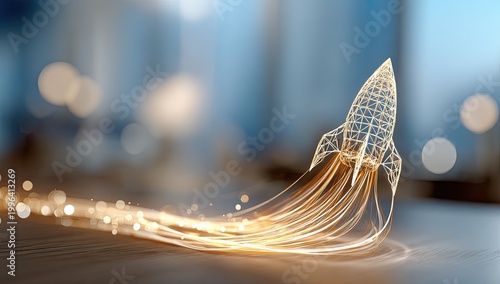 A wireframe rocket ascends with a glowing trail, symbolizing innovation and progress.