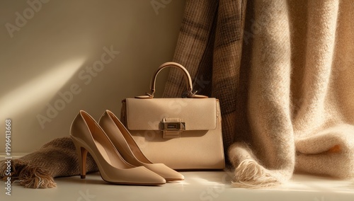 Elegant Beige Handbag and High Heels with Soft Scarf.