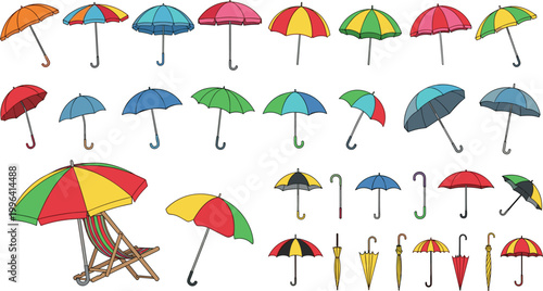 Colorful umbrella vector illustration set with rain umbrellas and beach parasols, various styles and designs collection isolated on white background