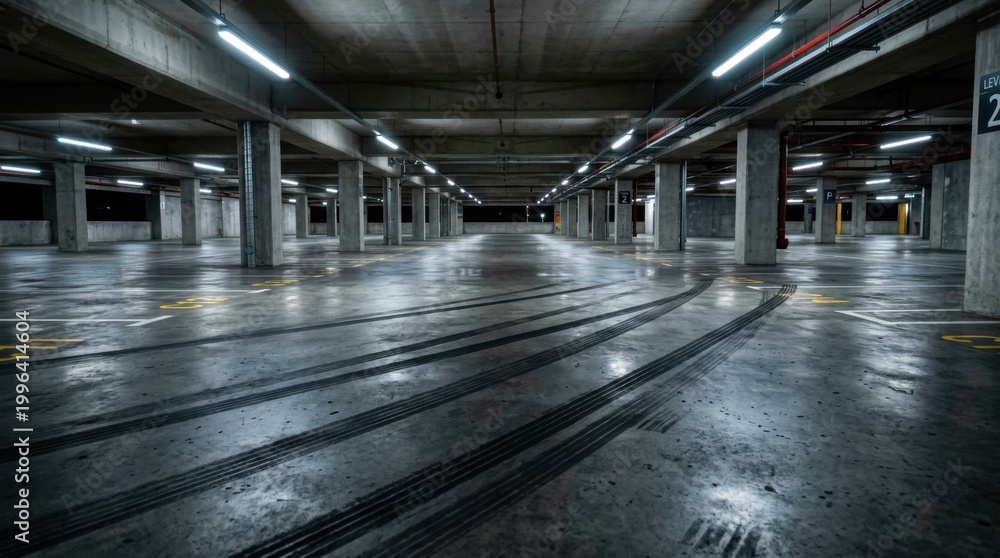 Fototapeta premium Empty underground parking garage with concrete pillars and fluorescent lights.