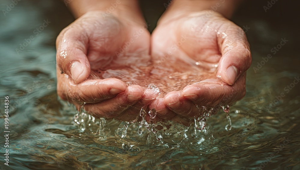 Fototapeta premium Close-up of Hands Cupping Clean Water in a Natural Setting.