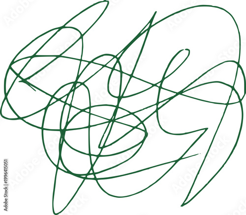 Messy pen scratch abstract doodle, chaotic green ink scribbles on white background, expressing confusion, creativity or brainstorming, hand drawn random lines, modern minimal illustration concepts
