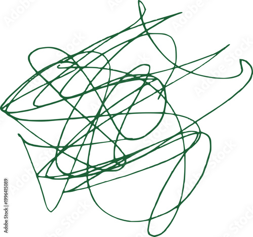 Messy pen scratch abstract doodle, chaotic green ink scribbles on white background, expressing confusion, creativity or brainstorming, hand drawn random lines, modern minimal illustration concepts