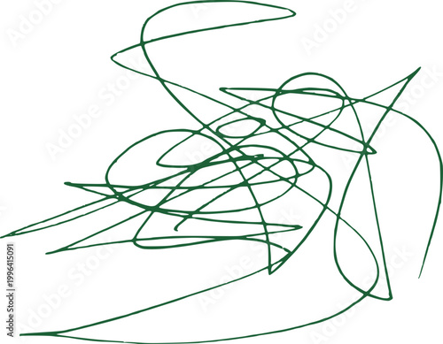 Messy pen scratch abstract doodle, chaotic green ink scribbles on white background, expressing confusion, creativity or brainstorming, hand drawn random lines, modern minimal illustration concepts