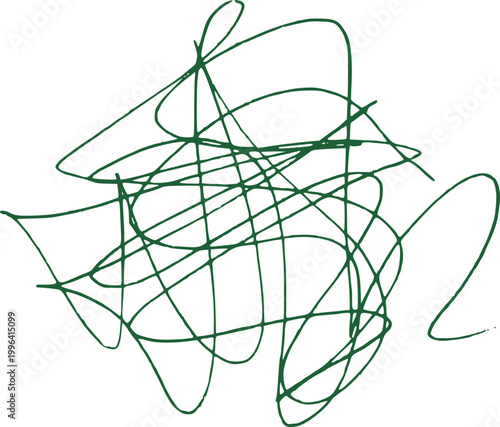 Messy pen scratch abstract doodle, chaotic green ink scribbles on white background, expressing confusion, creativity or brainstorming, hand drawn random lines, modern minimal illustration concepts