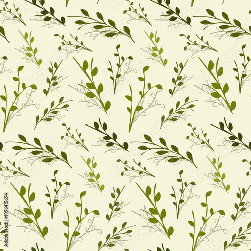 Seamless pattern of various green leaves and slender branches. The organic design repeats on a light cream background, creating a natural and fresh appearance.