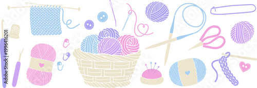 Cute pastel vector set of knitting and crochet tools including yarn balls, knitting needles, crochet hooks, scissors, buttons, pins, and handmade elements. Perfect for DIY, handmade crafts, hobby