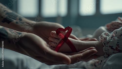 A tender moment captures a parent's protective embrace around a baby's foot adorned with a red ribbon, symbolizing awareness and support for a significant cause.