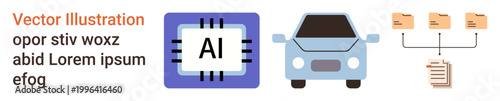 Artificial intelligence, autonomous driving, data organization, digital processes, technology, future innovation. AI chip next to a car, connected folders and documents. Artificial intelligence